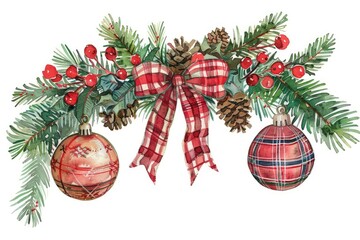 festive holiday decoration with plaid ribbon, ornaments, greenery, and pinecones, perfect for christ