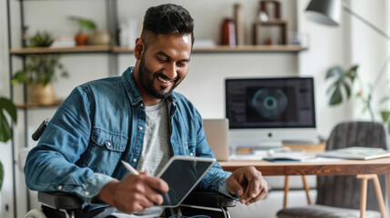 Wall Mural - happy indian man sitting on chair working on tab at office