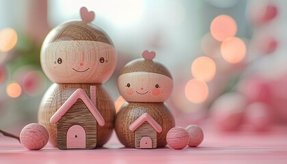 Wall Mural - Wooden doll figures with house