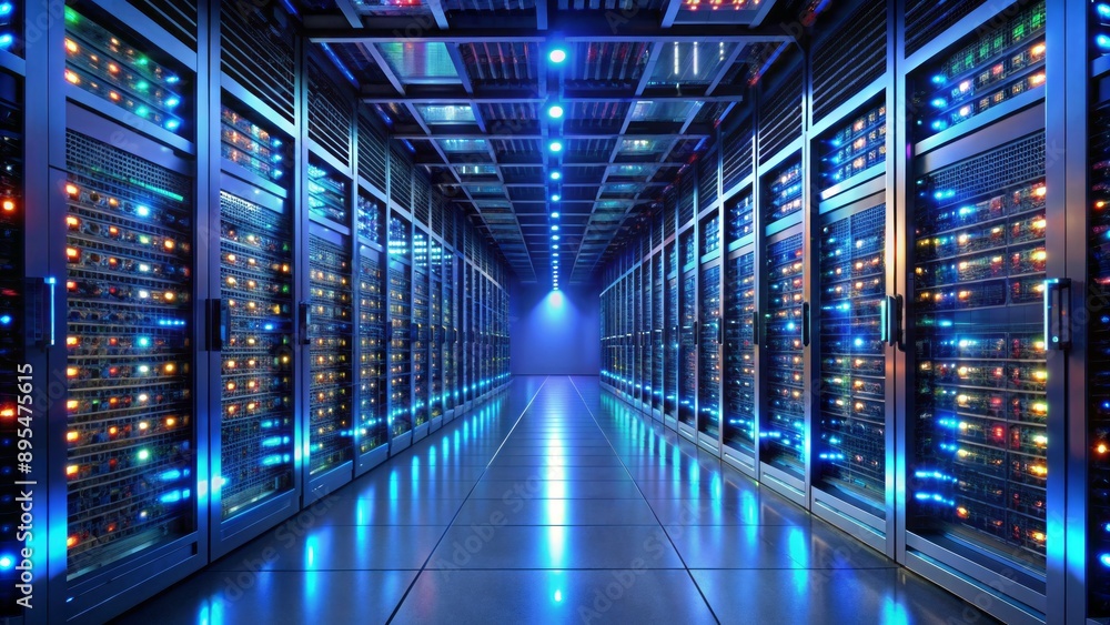 Rows of towering server racks lined with blinking lights and humming ...