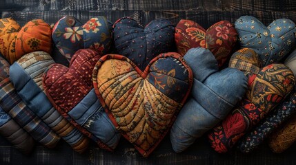 Wall Mural - A heart made up of various fabric patterns and textures, resembling a quilt or patchwork design.