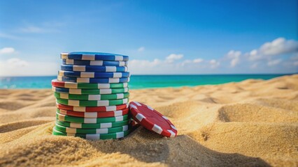 Poker chips stacked on sandy beach , beach, poker chips, gambling, stack, leisure, games, vacations, summer, relaxation, sunny