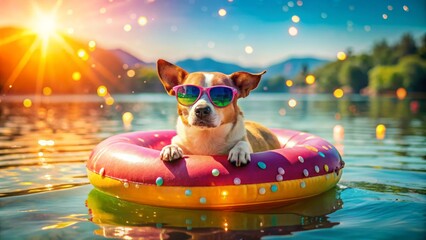 Wall Mural - Adorable canine dons trendy shades, lounging effortlessly on inflatable raft, surrounded by sparkling water and vibrant summer atmosphere.