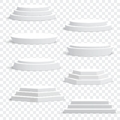 Wall Mural - Various white podiums on transparent background, perfect for product displays. Vector illustration