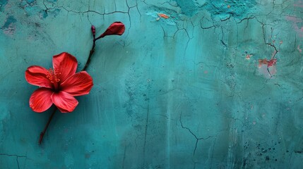 Canvas Print - Crimson flower on azure wall.