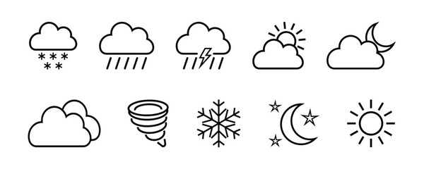 weather icon set. simple line icon containing clouds, rain, storm, snow, sun, moon and more. weather