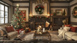 © Best_Seller - A stunning living room decked with a cozy fireplace, a festive Christmas tree, and an array of captivating decorations. This exquisite interior design creates a warm and inviting ambiance.