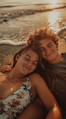 Wall Mural - A couple is laying on the beach, smiling and enjoying each other's company