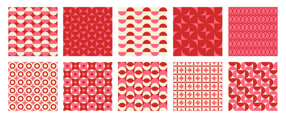 Poster - Trendy retro set geometric seamless patterns with colorful semicircles and circles. Modern abstract background. Red, beige and pink colors. Vector illustration