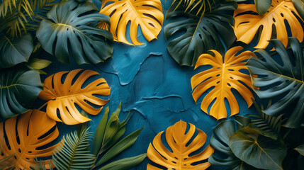 Wall Mural - Tropical leaves summer concept frame on blue background. Copy space