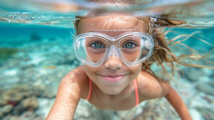 Wall Mural - Underwater portrait of a young girl wearing clear goggles in a turquoise sea. Whimsical and vibrant scene with a playful aesthetic.