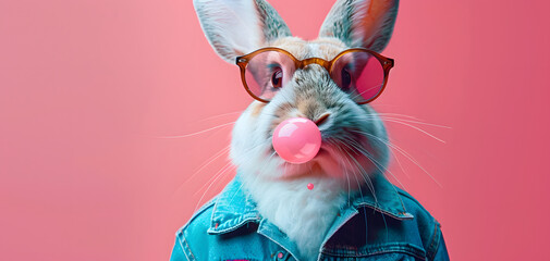 Wall Mural - A stylish bunny in a denim shirt and sunglasses blowing a pink bubble gum bubble