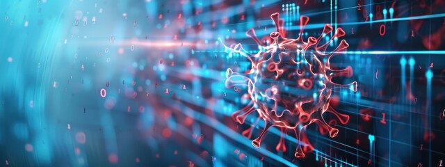 Digital code transforming into a virus, cyber threat concept