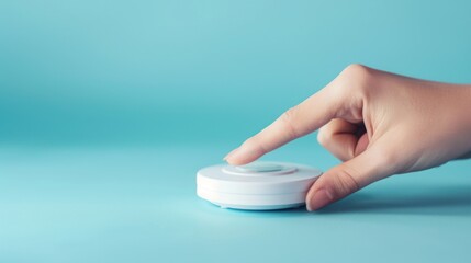 Sticker - Hand Pressing a White Button on a Blue Background