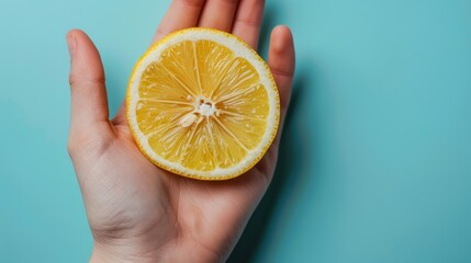 Wall Mural - Lemon Slice in Hand on Blue Background