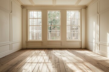 Interior of a classic room with white walls and wooden floor.