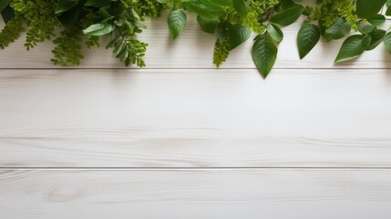 Wall Mural - White wooden table top with spring green leafs