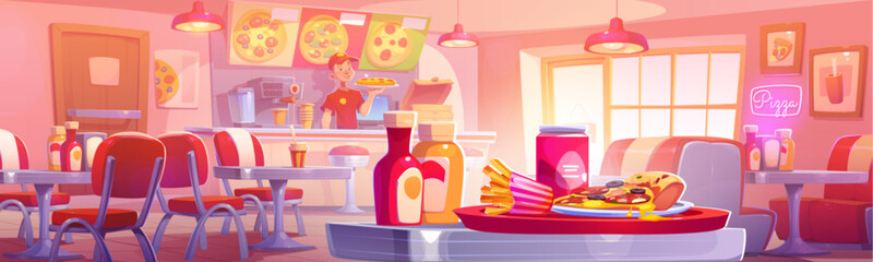 Pizzeria interior with hot delicious pizza, fries and soda drink in tin can on table and young man cashier at bar counter. Cartoon vector illustration of Italian fast food restaurant or cafe.