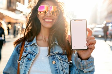 Aufkleber - Young woman showing a blank smartphone screen in the city, ready for your app or message, highlighting urban lifestyle and technology