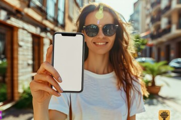 Aufkleber - Young woman showing a blank smartphone screen in the city, ready for your app or message, highlighting urban lifestyle and technology