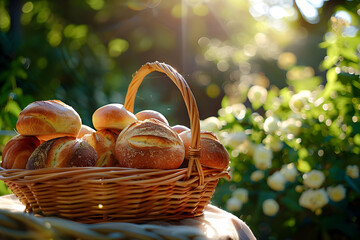 Freshly baked bread rolls in a wicker basket, basking in sunlight with a beautiful garden background, evoking a serene and rustic feel.