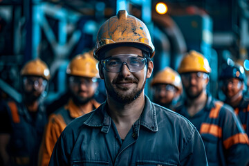 Group of confident industrial workers wearing safety gear in a factory, showcasing teamwork and professionalism in a manufacturing environment.