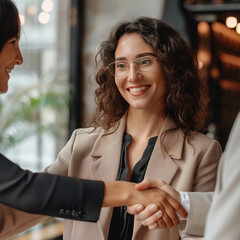 Wall Mural - a smart business woman shaking hands with her new boss