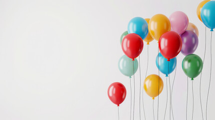 Colorful balloons float in the air against a plain white backdrop.