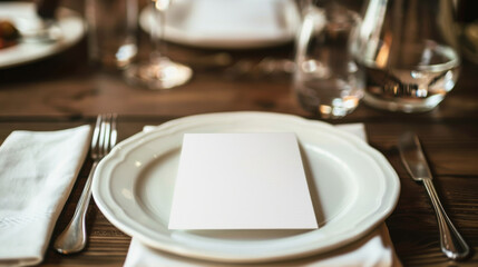 refined place setting with an empty menu card for wedding invitations or special events