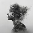 © Naru - A powerful black and white portrait of a woman with a forest growing from her head, symbolizing inner strength, connection to nature, hidden beauty, and the power of imagination.