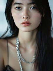 Wall Mural - A woman with long black hair and a necklace.