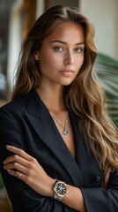 Canvas Print - A woman wearing a black suit and watch.