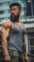 Canvas Print - Asian man with beard and tattoos standing on the street.