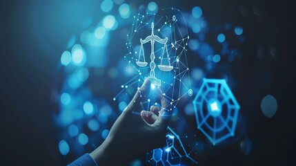 Fototapete - Hand reaching towards scales of justice on digital network.