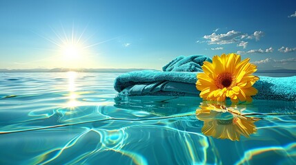 Wall Mural - A yellow flower is floating on top of a blue towel in the ocean