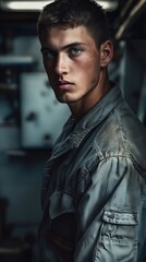 Wall Mural - A young man in an industrial setting.