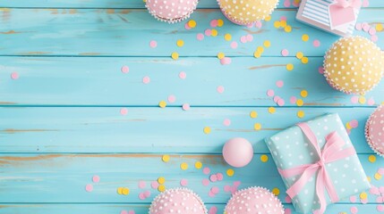 Wall Mural - A blue background with a bunch of cupcakes and a pink and blue gift box