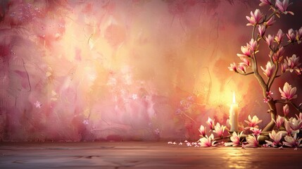 Wall Mural - A candle is lit next to a tree with pink flowers