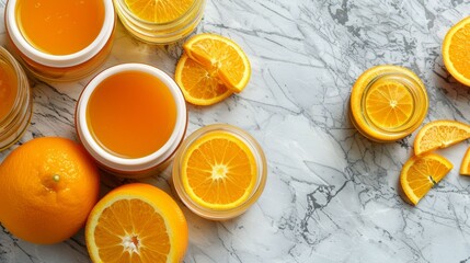 A table with a lot of oranges and glasses of orange juice