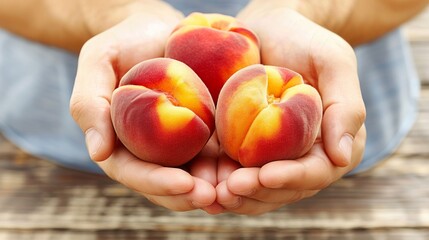 Canvas Print - A person is holding three peaches in their hands