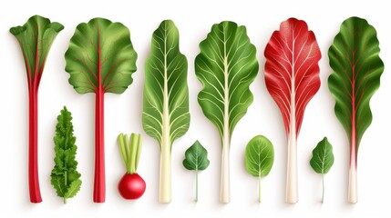 Wall Mural - Unique graphie illustrations of rhubarb and fresh vegetables, showcasing vibrant colors and details against a clean white background.