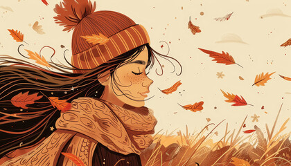 Wall Mural - A girl wearing a yellow hat and a scarf is standing in a field of yellow leaves