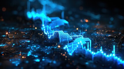 conceptual digital painting of a stock market correction, visualized as a series of descending steps made of glowing blue light