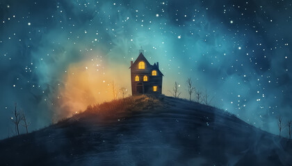 Wall Mural - A house is on a hill with a dark sky and stars