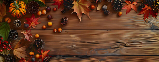 Top down view of Natural wood Tabletop with leaves, Gourds and Pine cones.