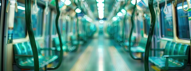 Abstract blurred background of subway train interior, selective focus of green handles for passengers, public transportation, passenger safety concept 