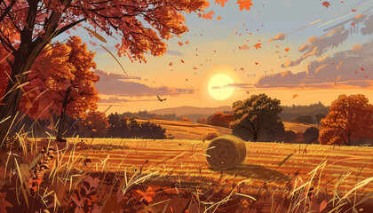 Wall Mural - A beautiful sunset over a field with a large sun in the sky