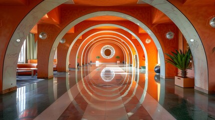 Wall Mural - a vibrant corridor featuring arched architecture and reflective flooring, enhanced by bold orange wa