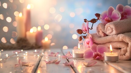 Sticker - blurred and bokeh background with Towels , Candles, Orchid, Spa setting and white wooden table flooring 