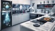 © Art Genie - A sleek and modern smart kitchen featuring advanced tech gadgets such as a transparent touch screen refrigerator an AI powered voice control oven and a robotic arm assistant preparing a meal